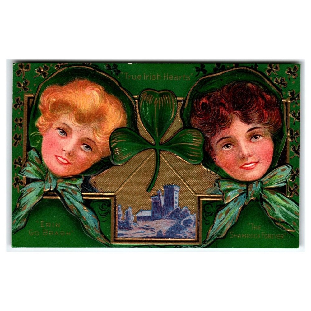 1910 St. Patrick's Day Postcard True Irish Hearts Shamrock Castle Embossed